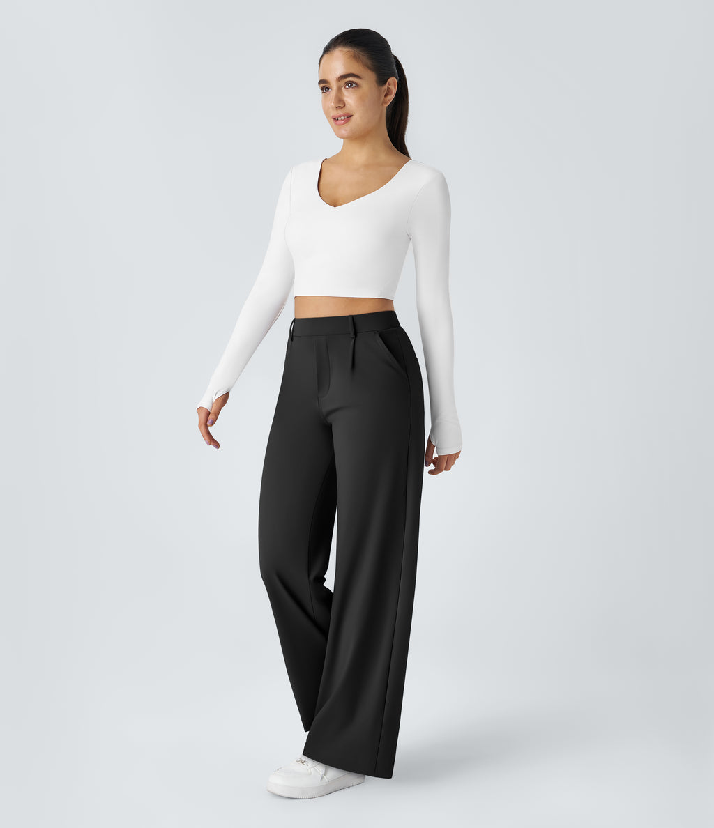 Factory Outlet - High Waisted Side Pocket Straight Leg Work Suit Pants