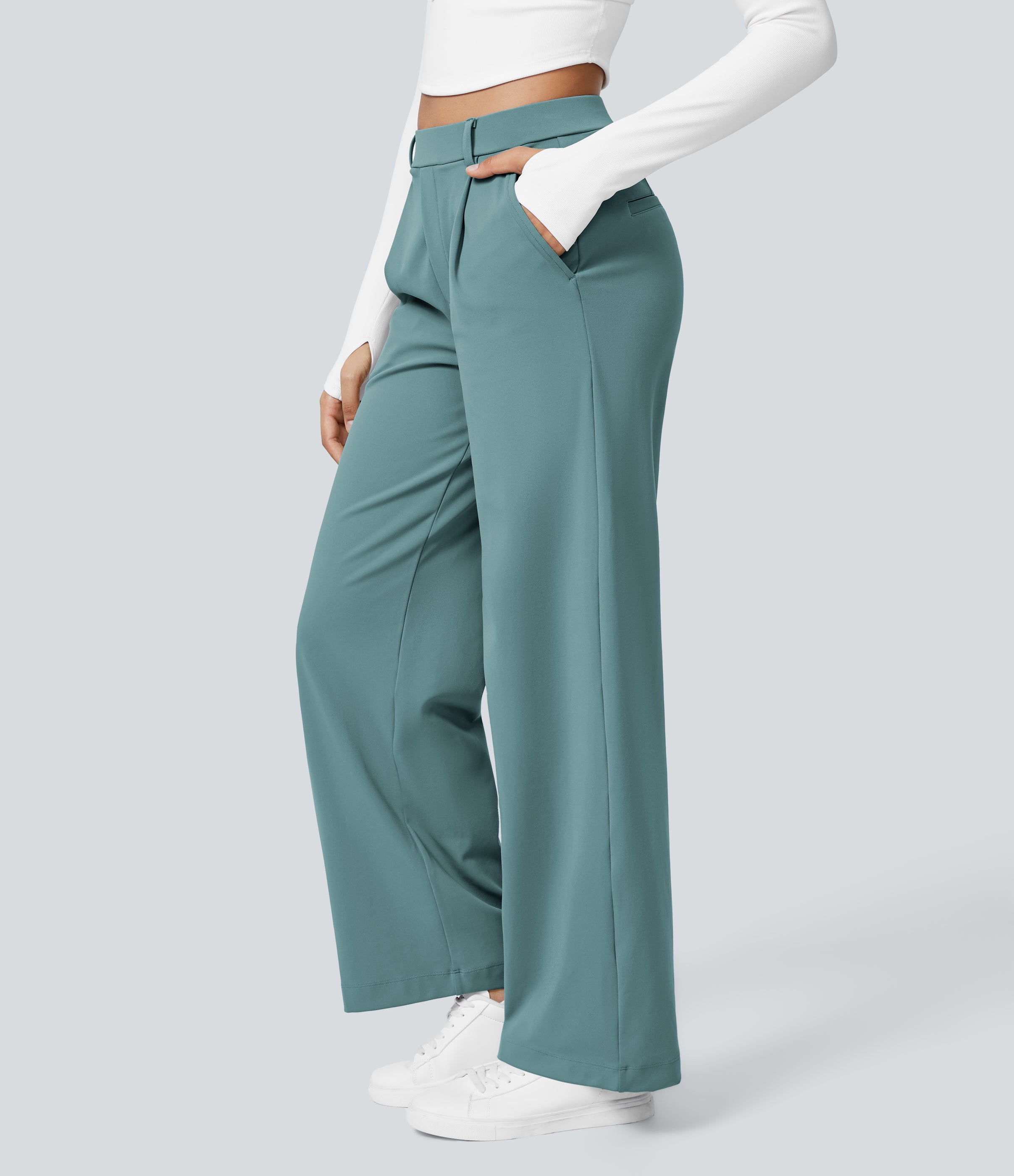 Factory Outlet - High Waisted Side Pocket Straight Leg Work Suit Pants