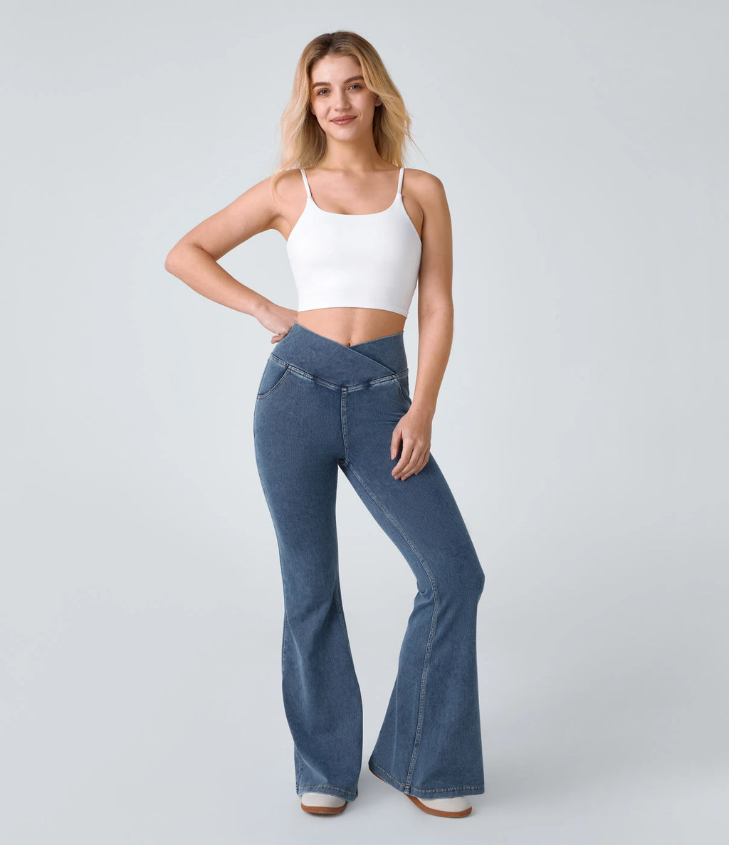 ⚡High Waisted Crossover Pocket Washed Stretchy Knit Casual Super Flare Jeans⚡