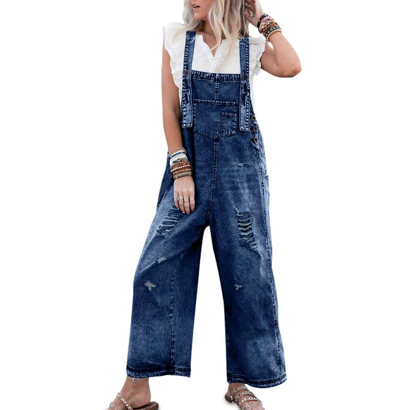 Women's Denim Overalls Casual Jumpsuits Loose Fit Adjustable Strap Distressed Bib Jeans Overall Jumpsuits