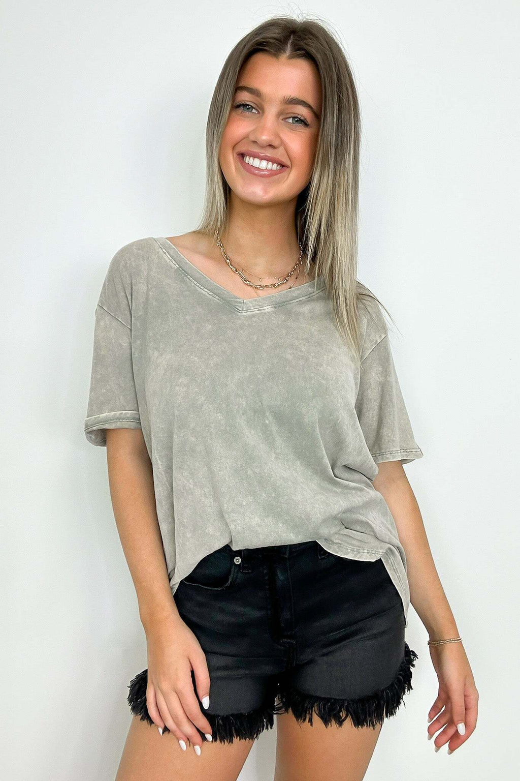 Soliel Acid Wash V-Neck Relaxed Fit Top - BACK IN STOCK