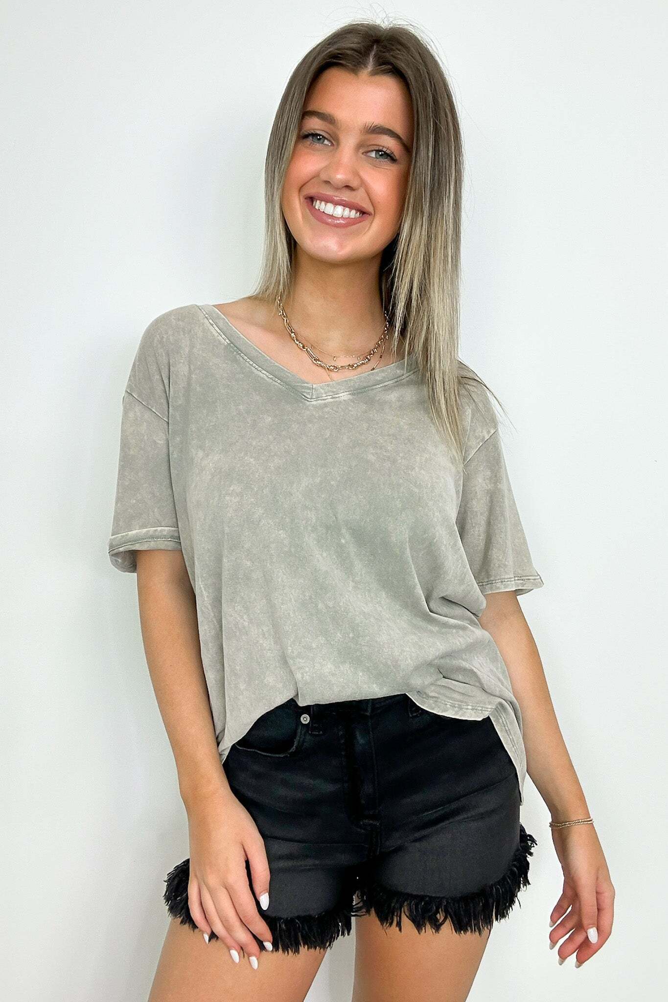 Soliel Acid Wash V-Neck Relaxed Fit Top - BACK IN STOCK