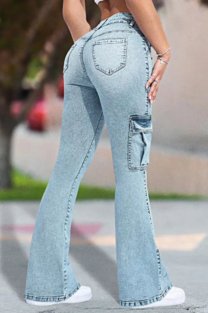 ⚡Last Chance Deal⚡- Multi Pocket Double Button Mid Rise Flare Cargo Jeans