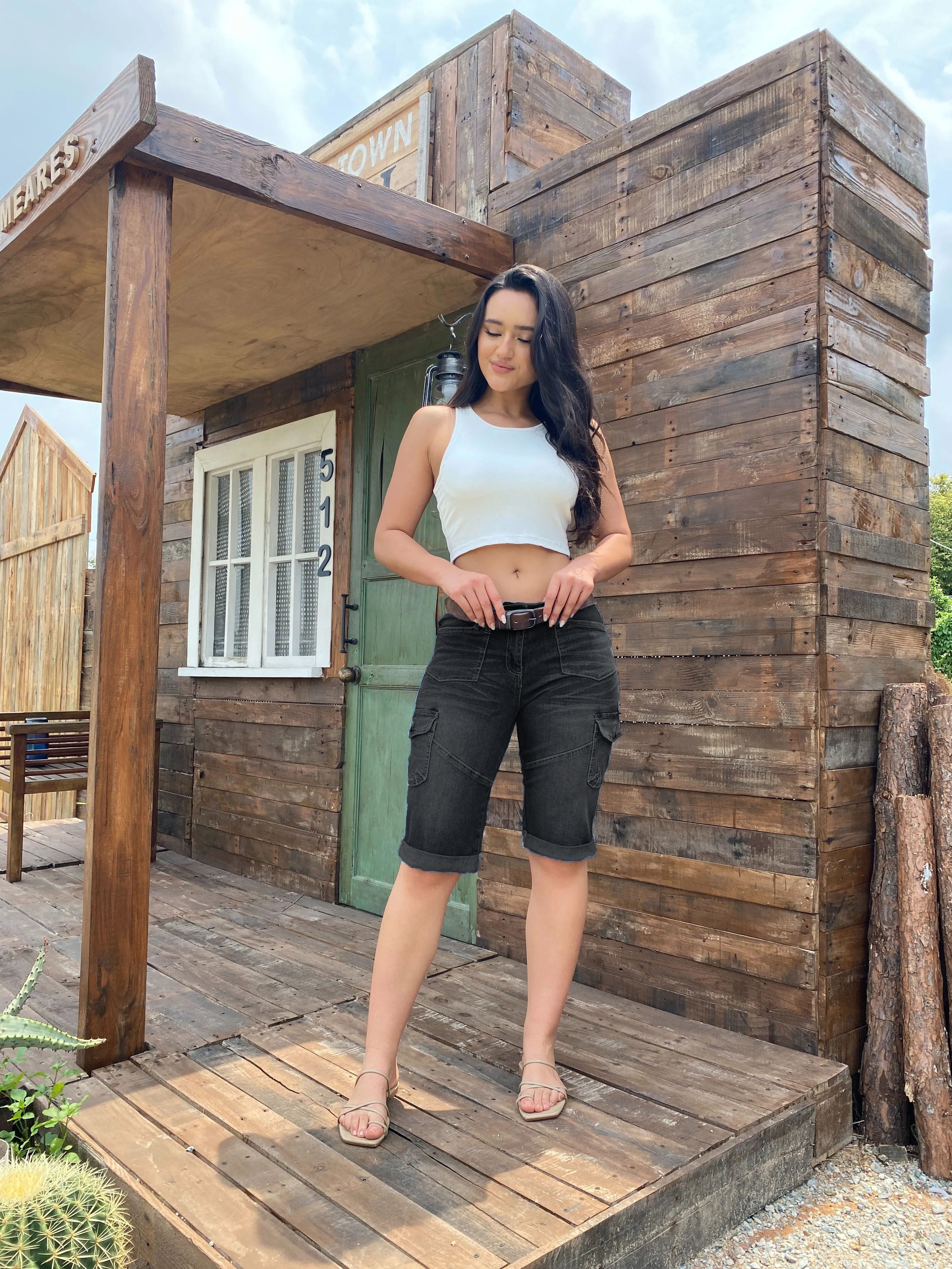 Flap Pocket Roll Hem Denim Bermuda Shorts Without Belt