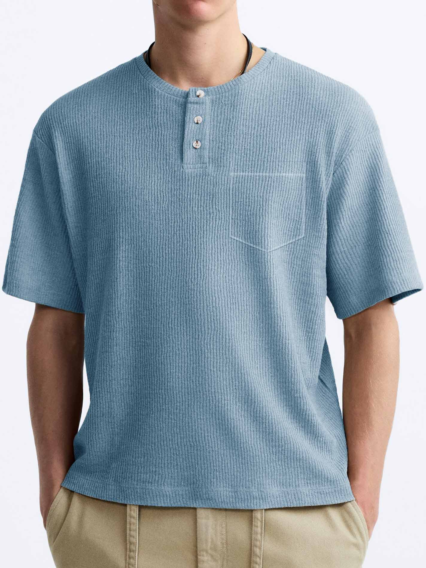 Men's Comfort Basics Striped Fabric Pocket Crew Neck Henley