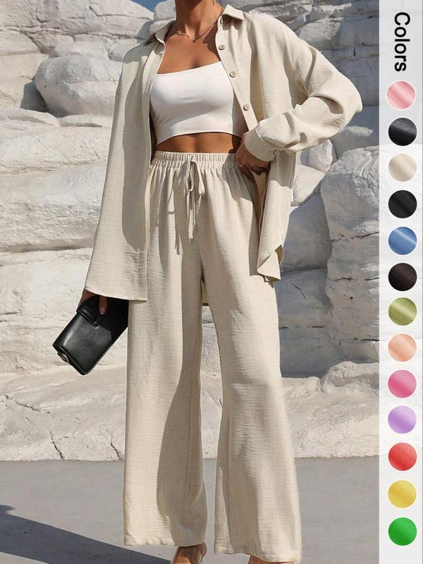 Women's Solid Button Front Shirt & Tie Front Wide Leg Pants Two-piece Set, Casual Loose Drop Shoulder Long Sleeve Top & Trousers for Spring & Fall