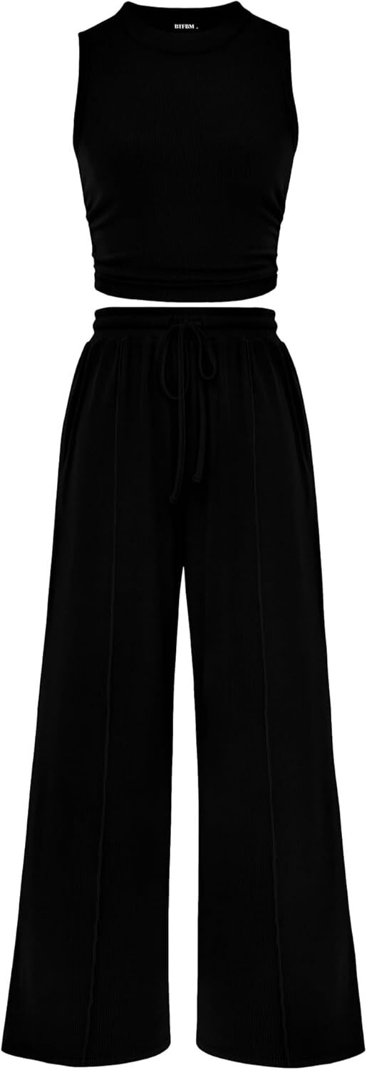 Women Summer 2 Piece Outfits 2025 Beach Crew Neck Sleeveless Cropped Top Elastic Waist Wide Leg Pants Lounge Set