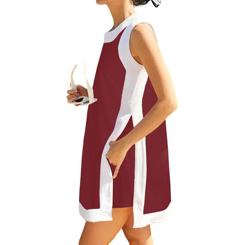 Women's Casual Two Piece Sets Color Block Crewneck Sleeveless Pullover Tops Matching Shorts With Pockets