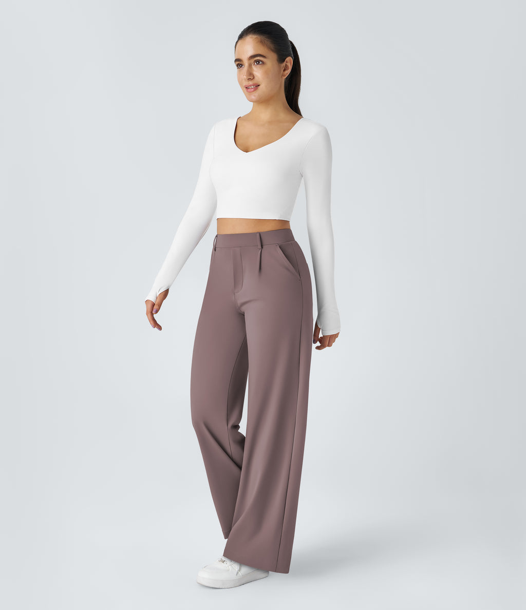 Factory Outlet - High Waisted Side Pocket Straight Leg Work Suit Pants