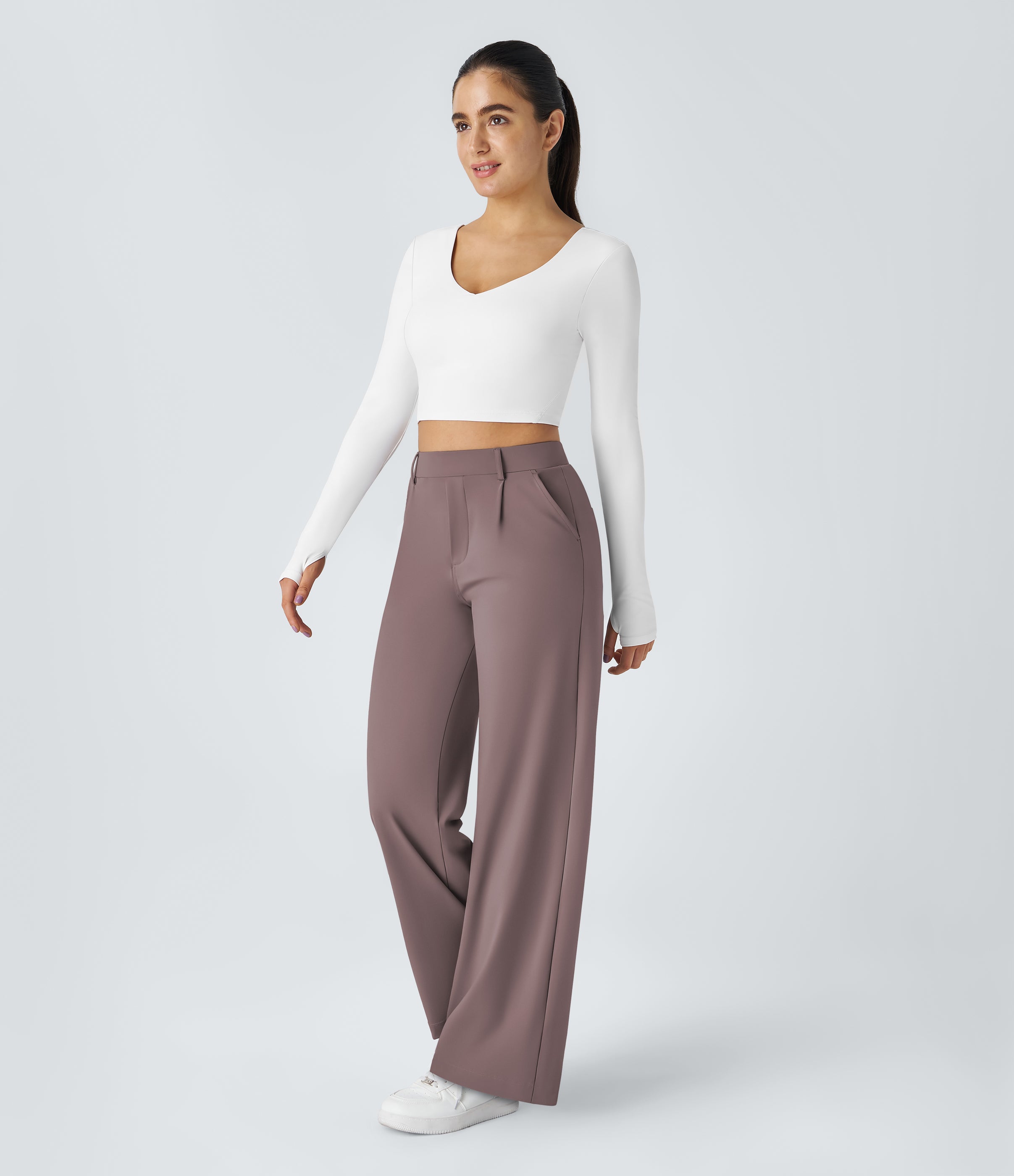 Factory Outlet - High Waisted Side Pocket Straight Leg Work Suit Pants