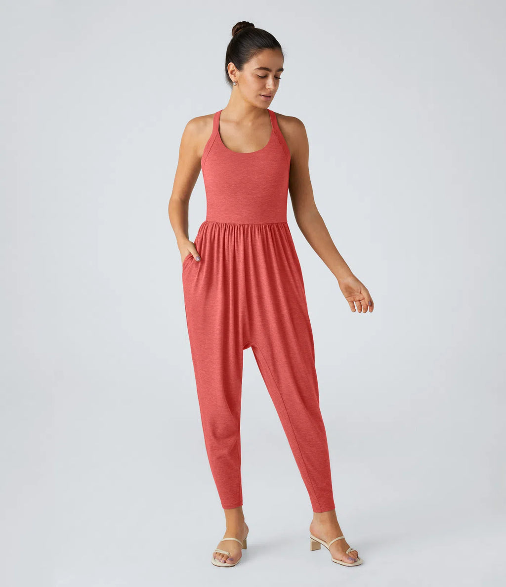 💝Last day promotion-⏰Backless Twisted U Neck Side Pocket Harem Casual Jumpsuit-Easy Peezy Edition