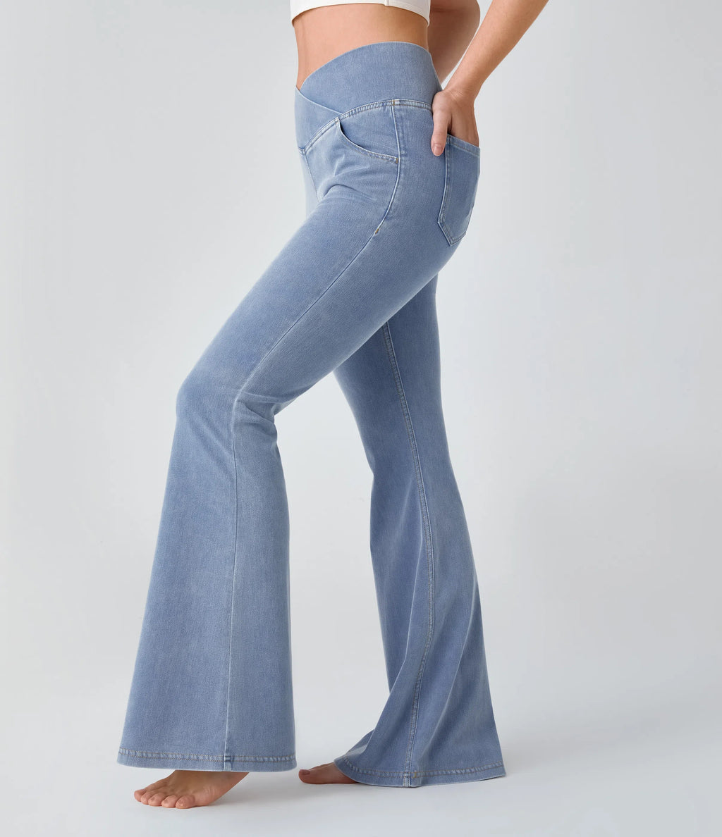 ⚡High Waisted Crossover Pocket Washed Stretchy Knit Casual Super Flare Jeans⚡