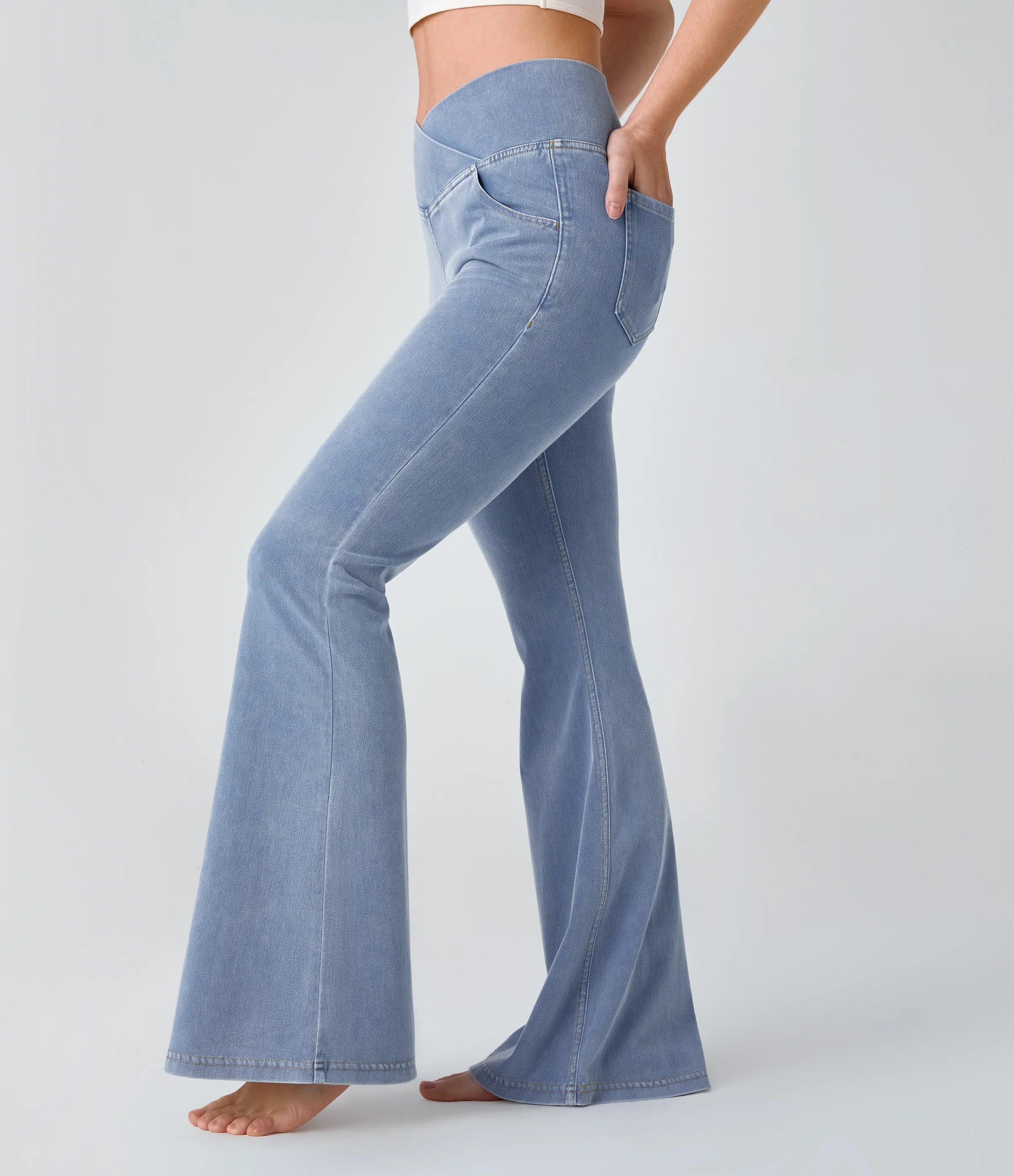 ⚡High Waisted Crossover Pocket Washed Stretchy Knit Casual Super Flare Jeans⚡