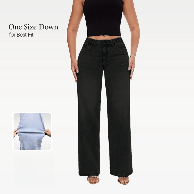 Women’s Distressed Wide Leg Baggy Jeans Mid-Low Waist Pants