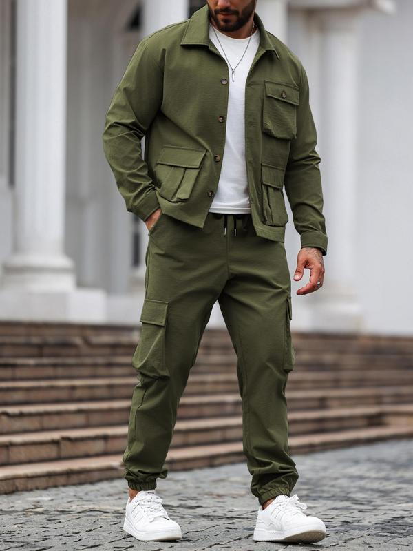 💥Clearance sale! Men's Solid Color Pocket Button Front Shirt & Pants Two-Piece Set, Casual Long Sleeve Collar Top & Trousers Set, Men's Spring & Fall Clothes