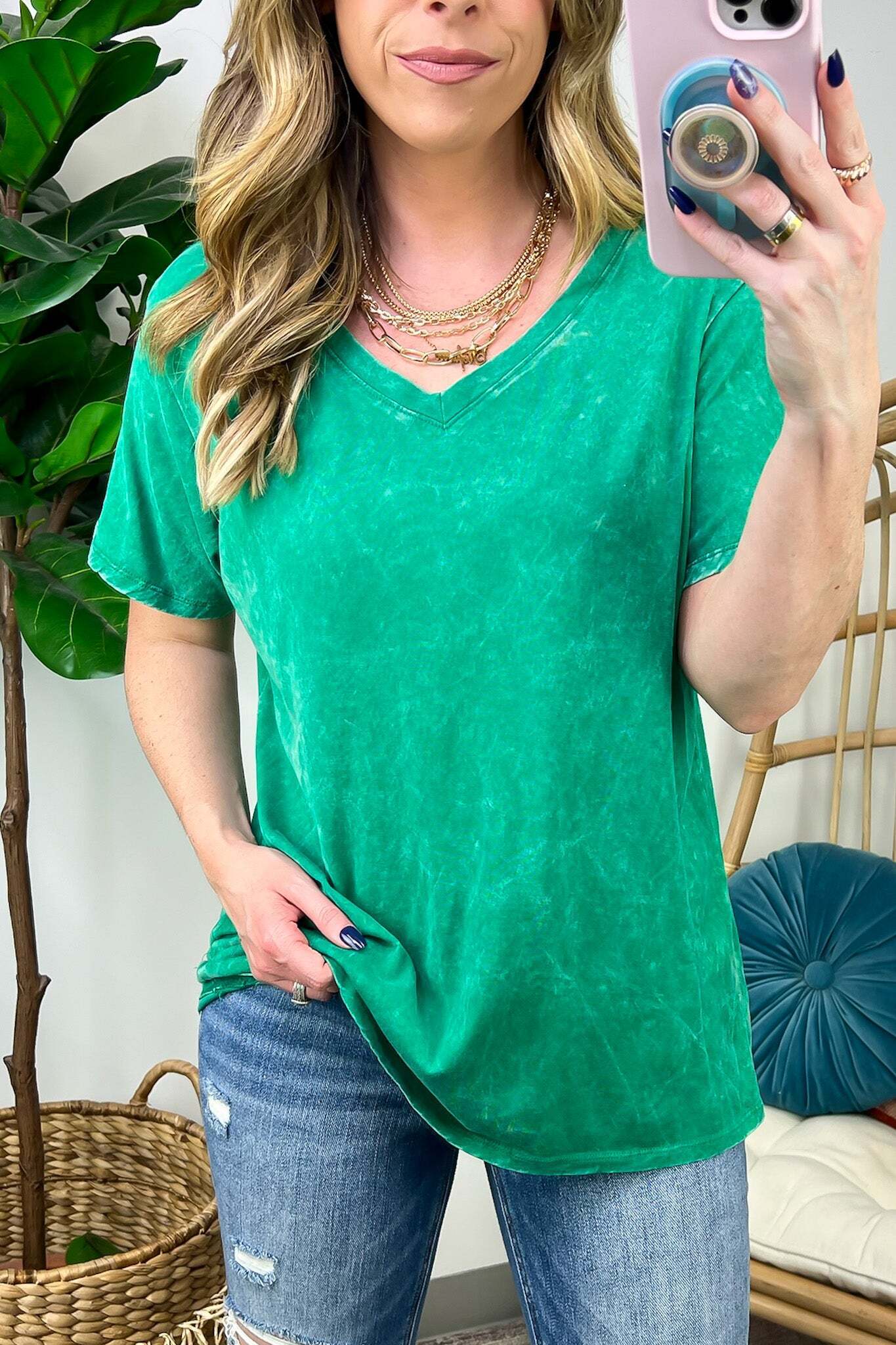 Soliel Acid Wash V-Neck Relaxed Fit Top - BACK IN STOCK