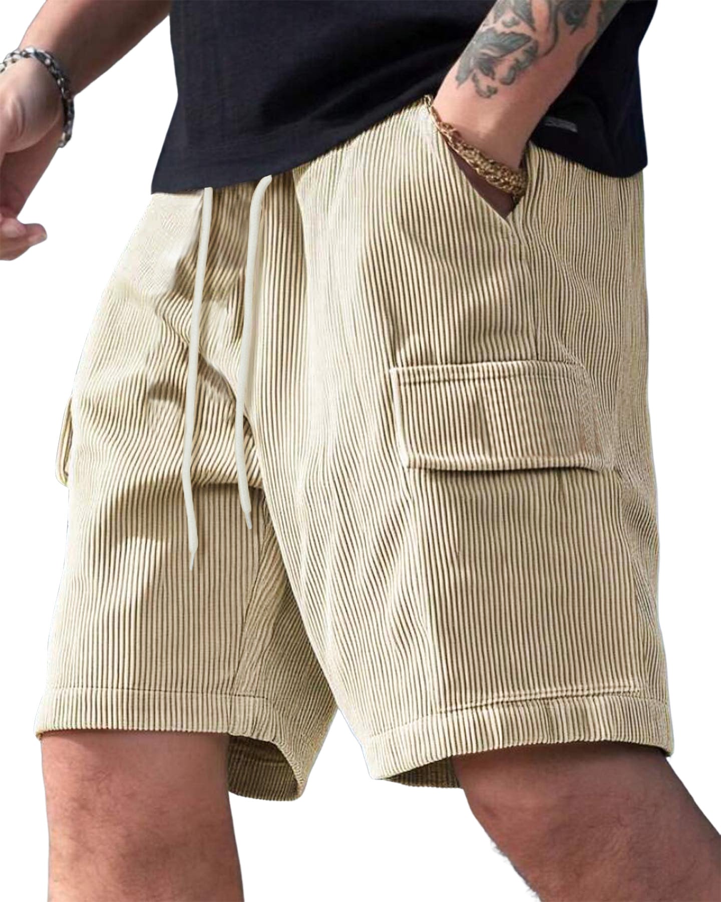 Men's Corduroy Multi-Pocket Summer Elastic Waist Casual Shorts