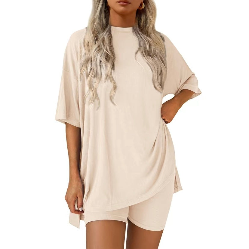 Women's Two Piece Lounge Set 2025 Summer Casual Oversized Shirts Biker Shorts Matching Airport Travel Outfit Split Hem