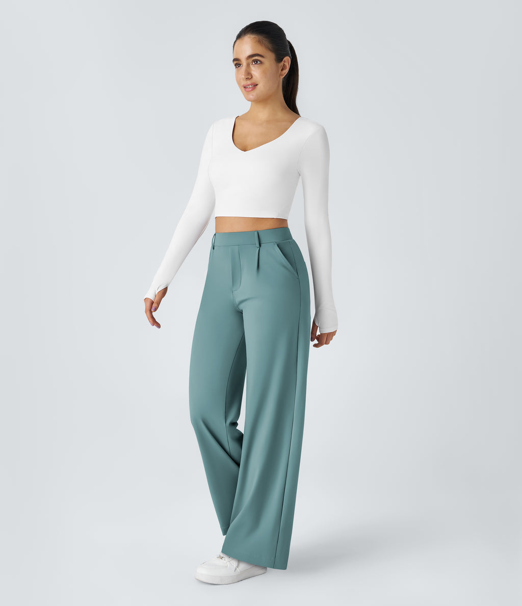 Factory Outlet - High Waisted Side Pocket Straight Leg Work Suit Pants