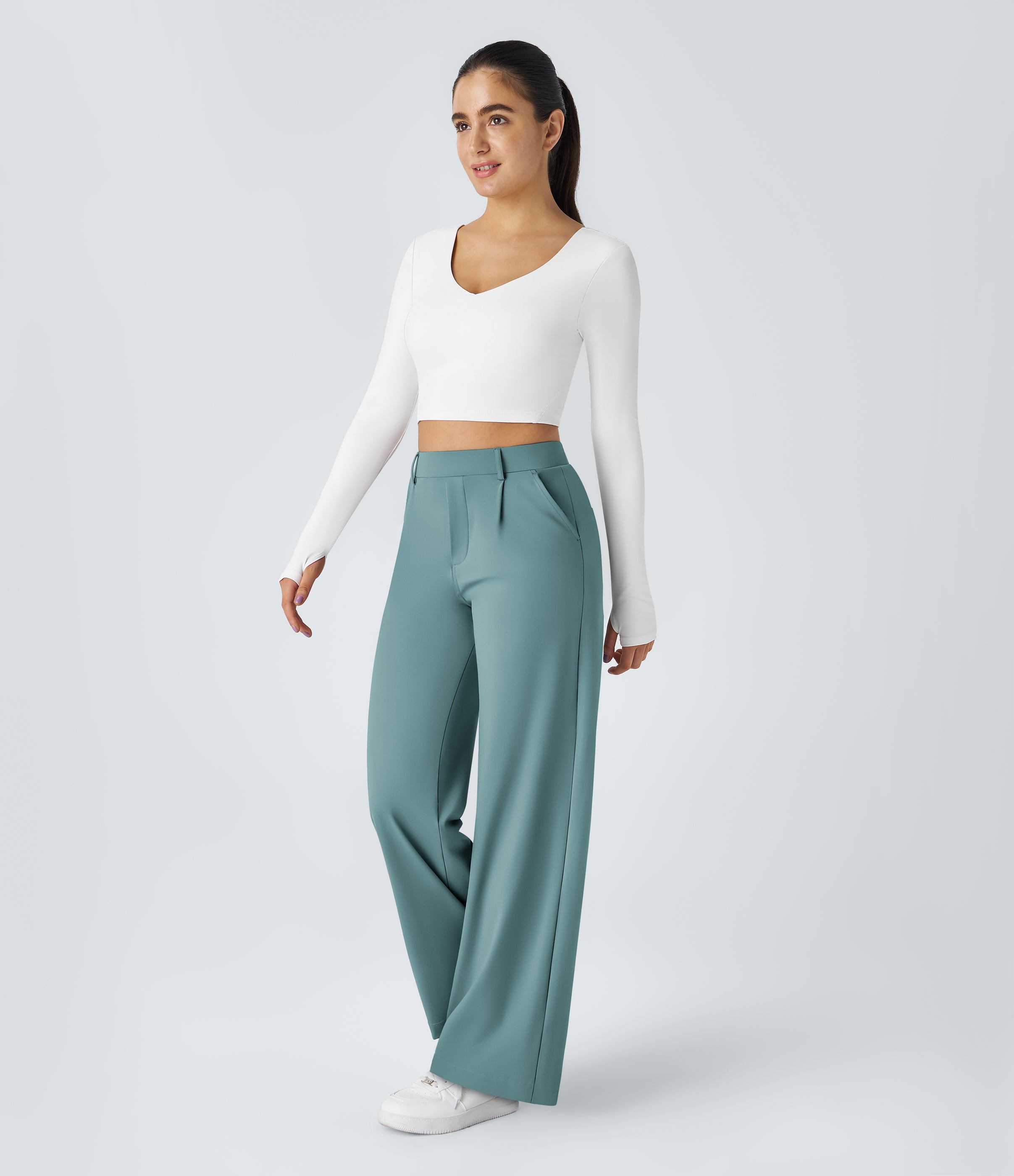 Factory Outlet - High Waisted Side Pocket Straight Leg Work Suit Pants