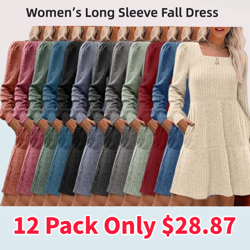 🔥Womens Square Neck Long Sleeve Fall Dresses Casual Babydoll Sweater Dress