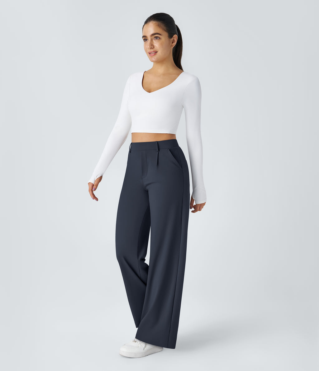 Factory Outlet - High Waisted Side Pocket Straight Leg Work Suit Pants