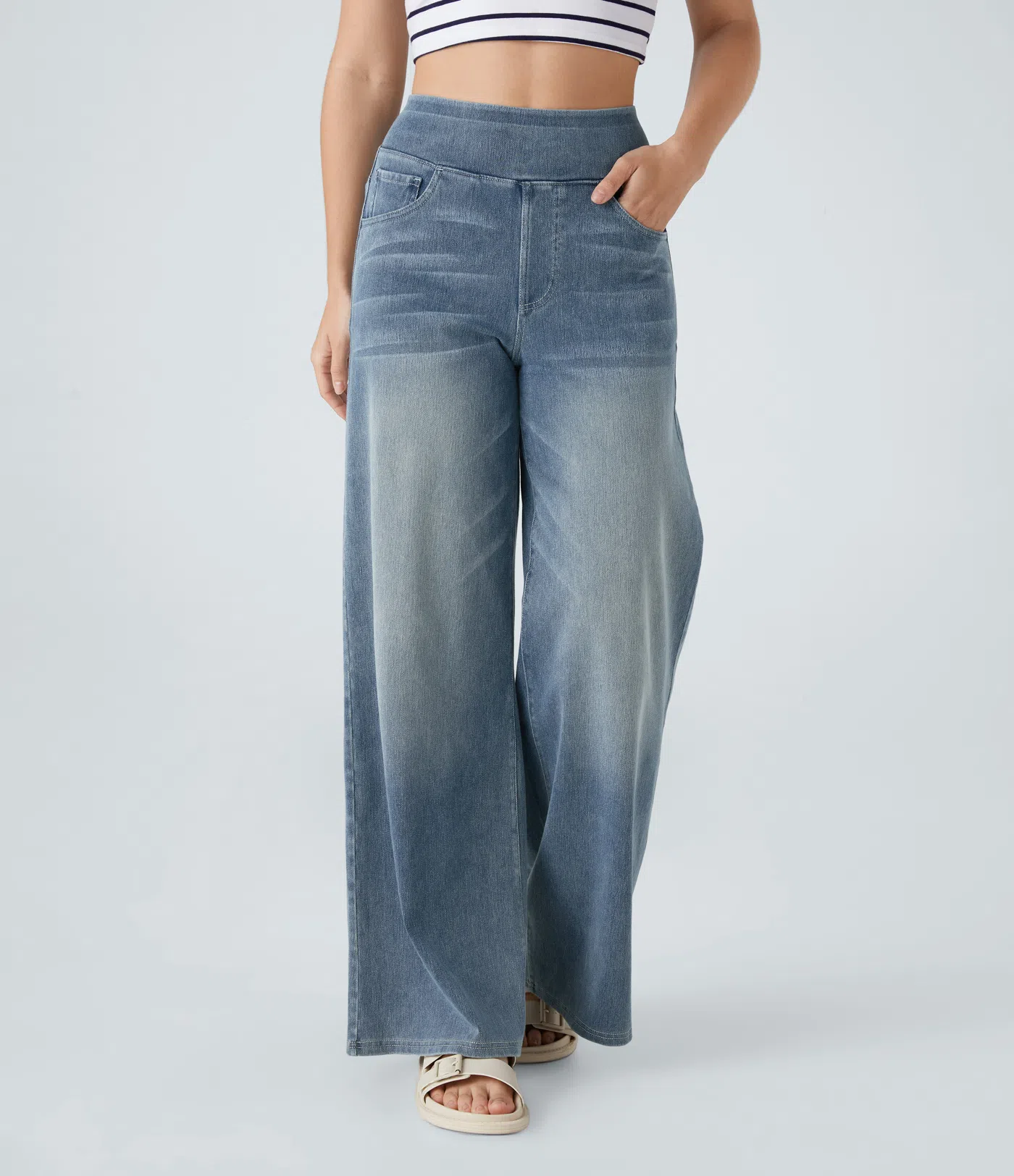 FINAL SALE⚡High Waisted Multiple Pockets Baggy Wide Leg Washed Stretchy Knit Casual Jeans