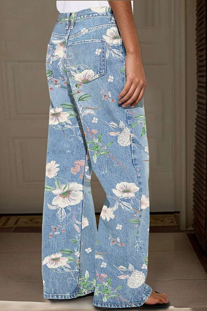 🔥Floral Pattern Wash High Waist Straight Leg Jeans