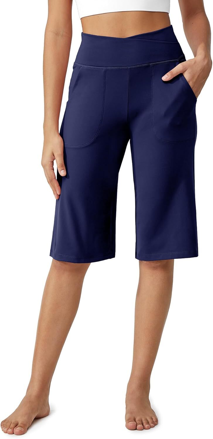 Capri Pants for Women -Knee Length Wide Leg Yoga Capris Dressy Casual Summer Crop Pants with Pockets