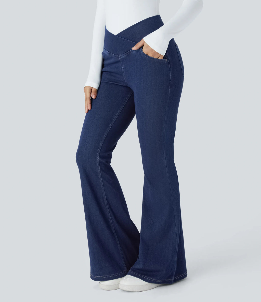 High Waisted Crossover Pocket Washed Stretchy Knit Casual Super Flare Jeans