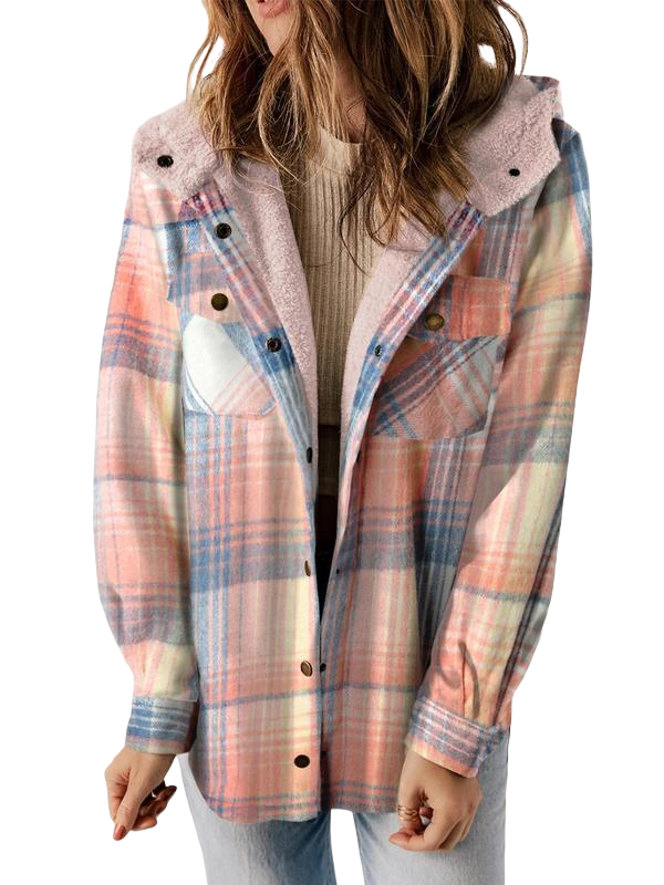 Ladies’ Plaid Hooded Button Coat – Cozy Fall/Winter