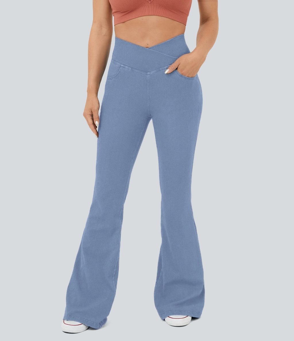 High Waisted Crossover Pocket Washed Stretchy Knit Casual Super Flare Jeans