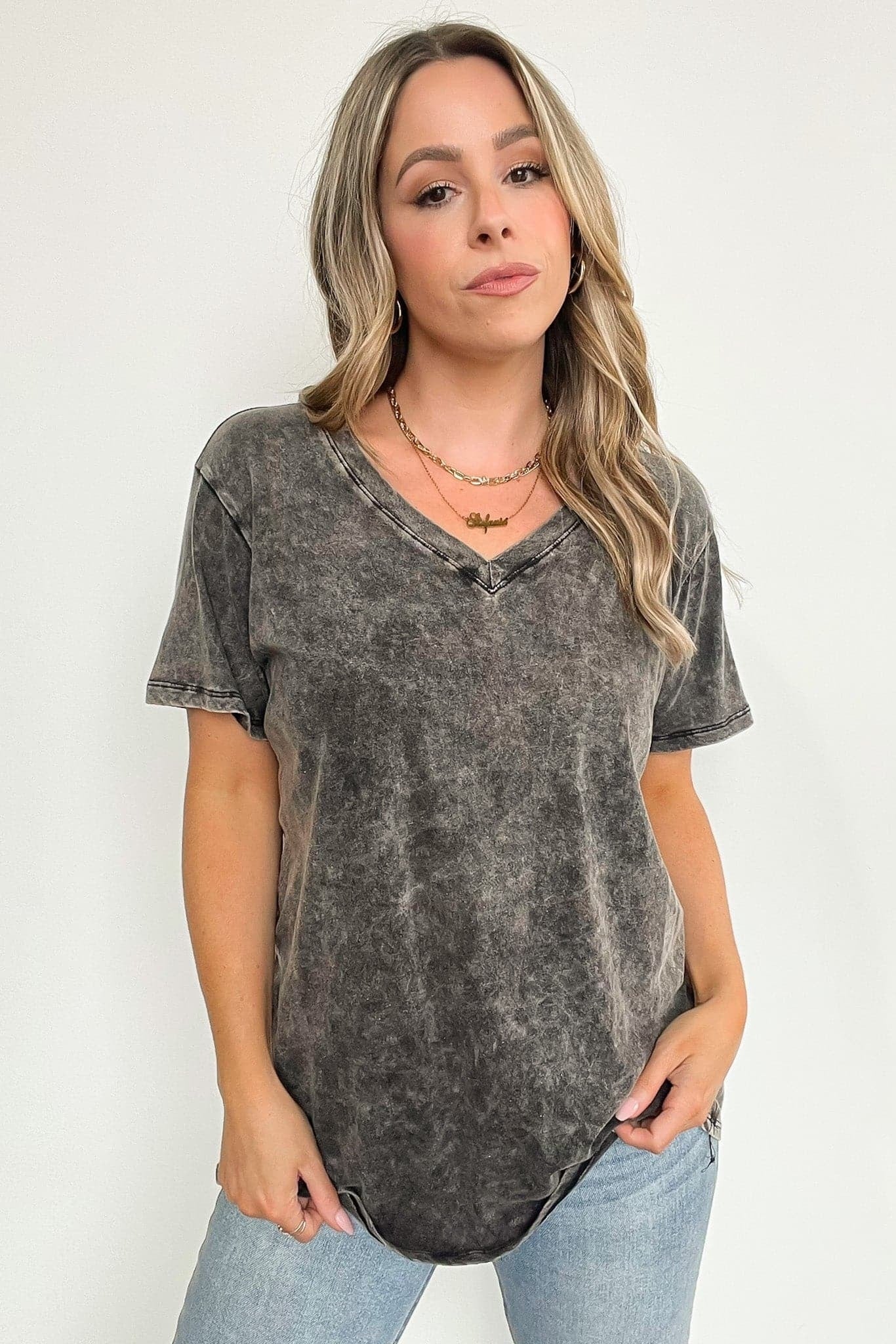 Soliel Acid Wash V-Neck Relaxed Fit Top - BACK IN STOCK