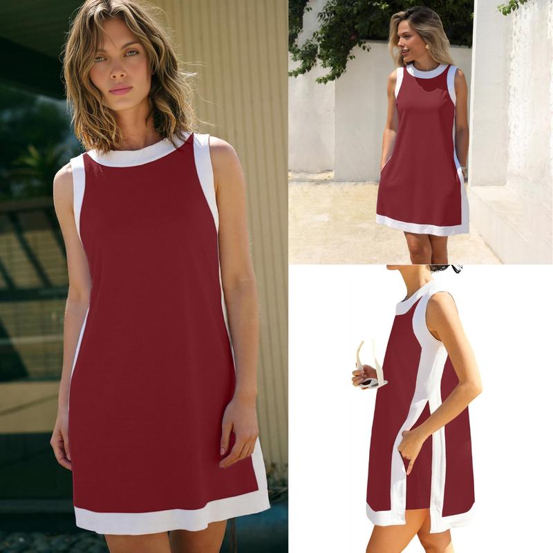 Women's Casual Two Piece Sets Color Block Crewneck Sleeveless Pullover Tops Matching Shorts With Pockets