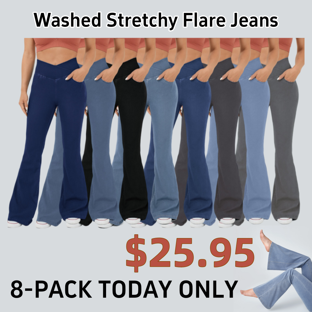 High Waisted Crossover Pocket Washed Stretchy Knit Casual Super Flare Jeans