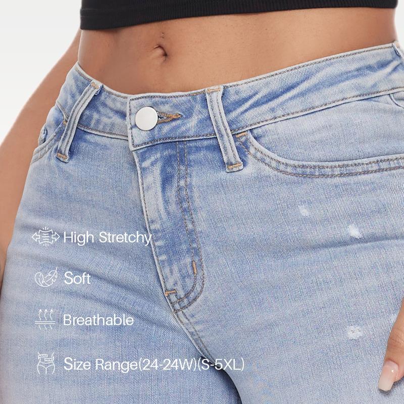 Women’s Distressed Wide Leg Baggy Jeans Mid-Low Waist Pants