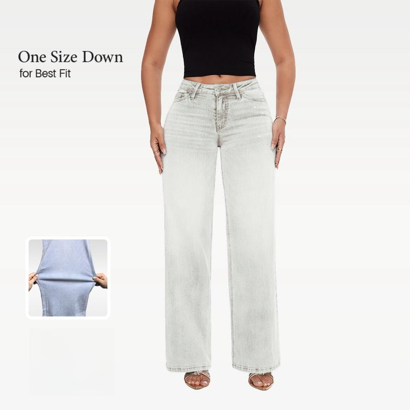 Women’s Distressed Wide Leg Baggy Jeans Mid-Low Waist Pants