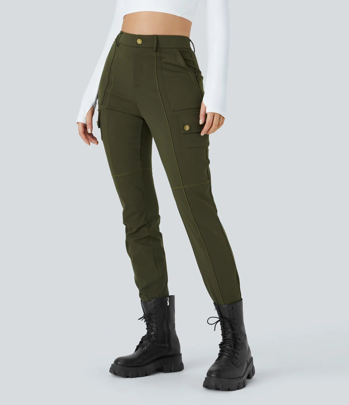 ⏰Huge Spring Discount! High Waisted Button Zipper Multiple Pockets Solid Skinny Cargo Pants