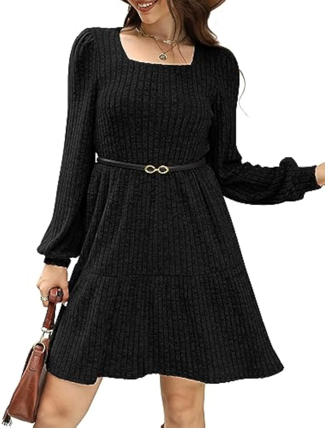 🔥Womens Square Neck Long Sleeve Fall Dresses Casual Babydoll Sweater Dress