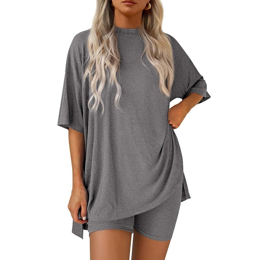 Women's Two Piece Lounge Set 2025 Summer Casual Oversized Shirts Biker Shorts Matching Airport Travel Outfit Split Hem