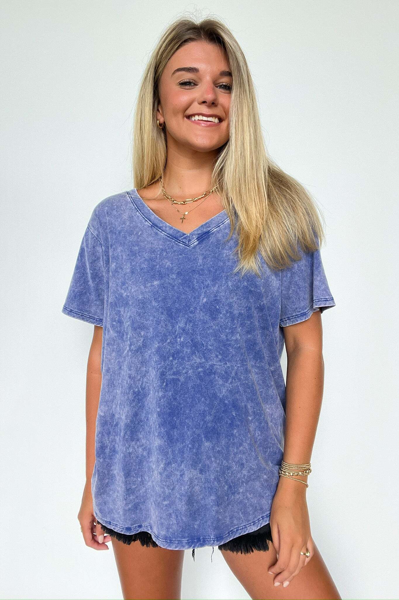 Soliel Acid Wash V-Neck Relaxed Fit Top - BACK IN STOCK