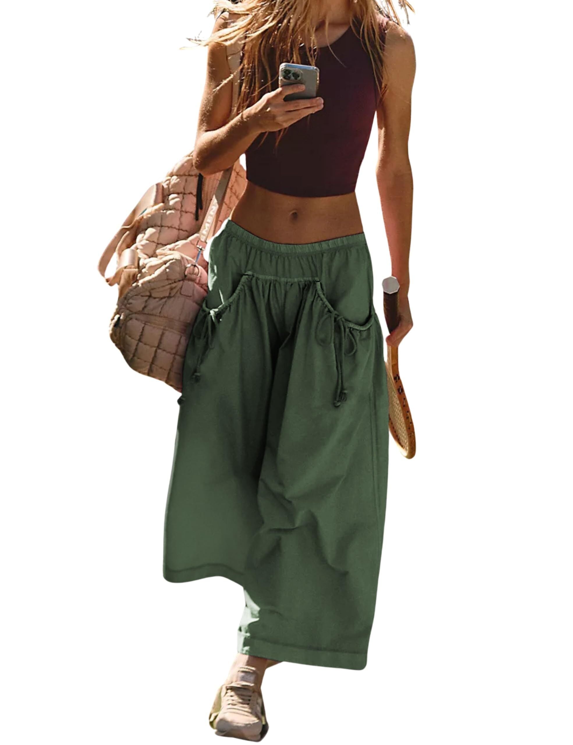 Women's Loose Wide Leg Track Pants Drawstring Pockets Elastic Waist Capri Hiking Pants