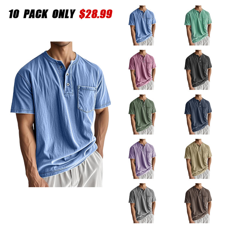 Men's Stylish Washed Distressed Cotton Vintage Casual Pocket Henley Shirt