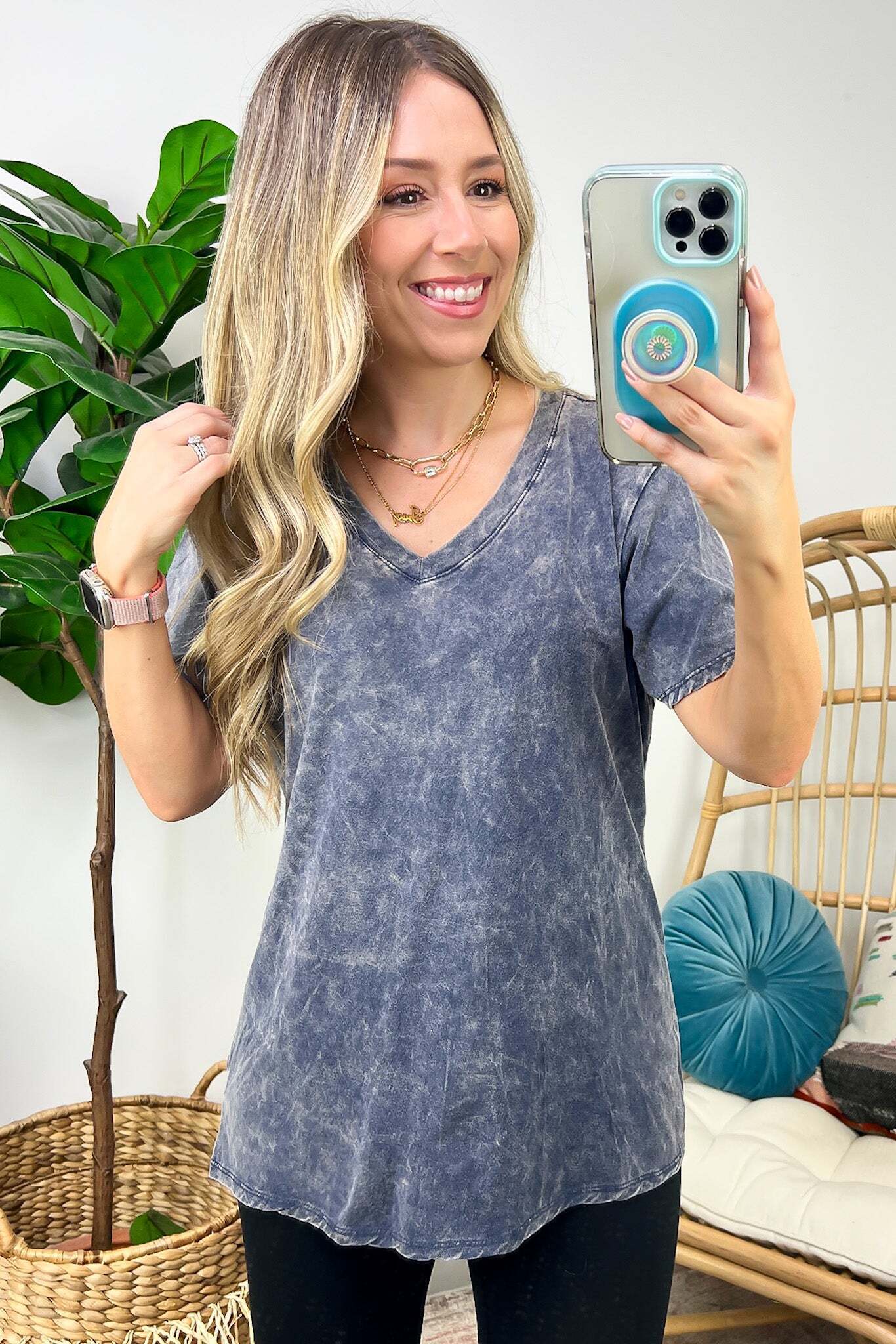 Soliel Acid Wash V-Neck Relaxed Fit Top - BACK IN STOCK