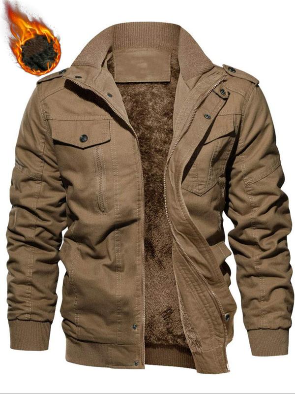 🔥October Hot Sale 🔥Men's Regular Fit Solid Pocket Zipper Jacket, Casual Long Sleeve Stand Collar Outerwear for Fall & Winter