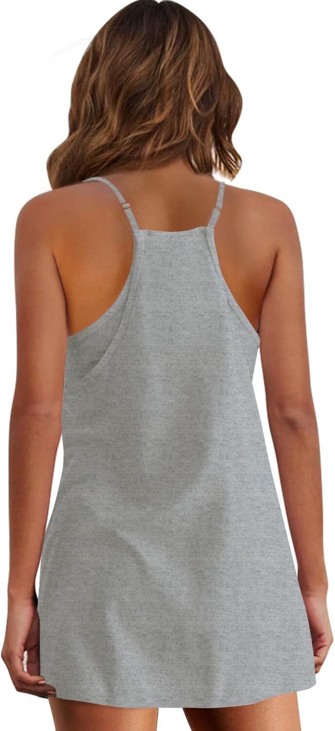 Womens Summer Sleeveless Mini Dress V Neck Spaghetti Strap Sundress Athletic Short Dress with Pockets