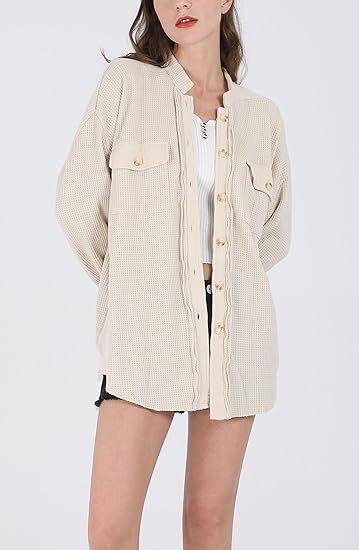Women's Loose Fit Batwing Sleeve Waffle Knit Button Down Shirt Shacket Tops