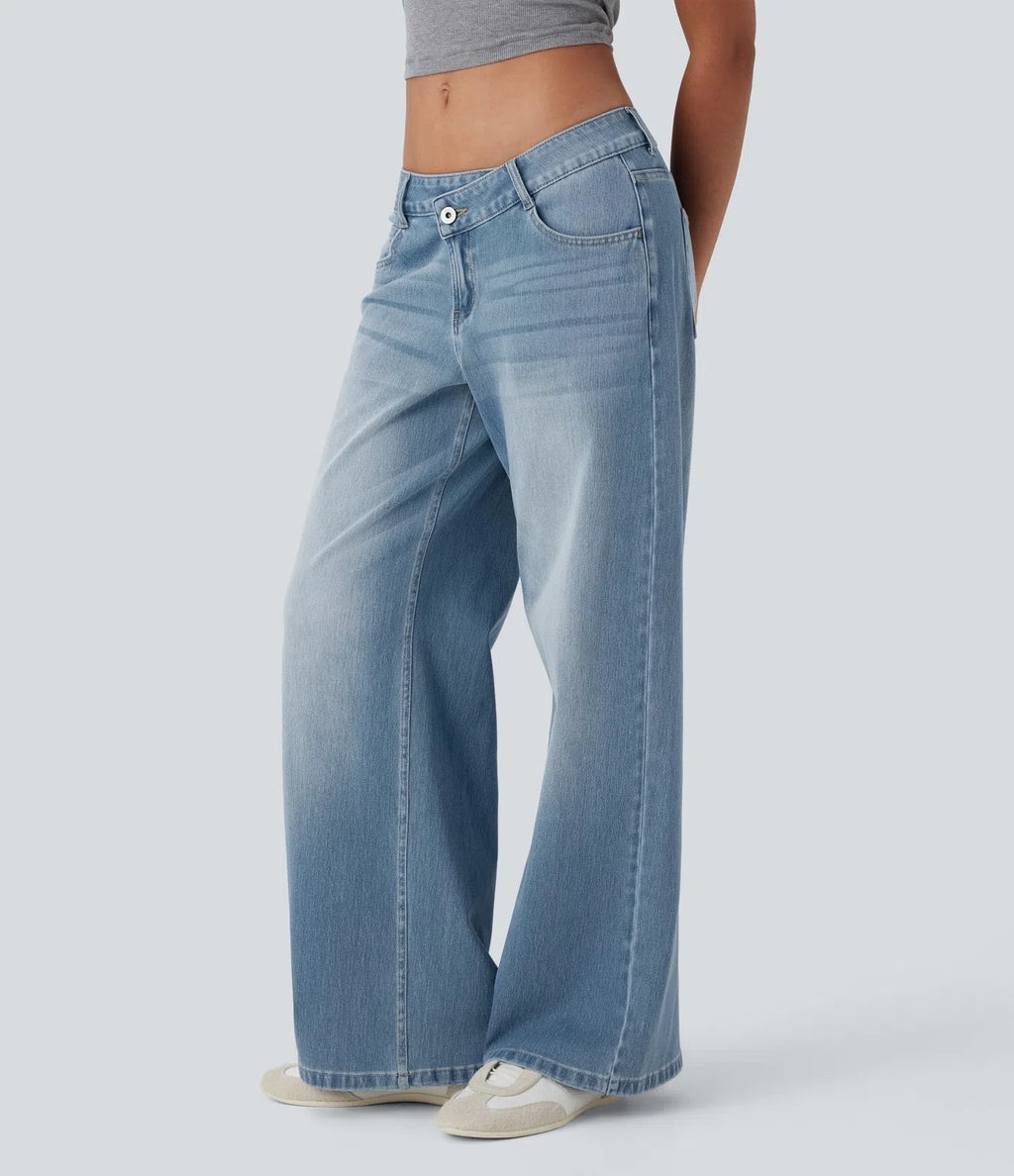 Asymmetric Low Rise Zipper Pockets Baggy Wide Leg Washed Casual Jeans
