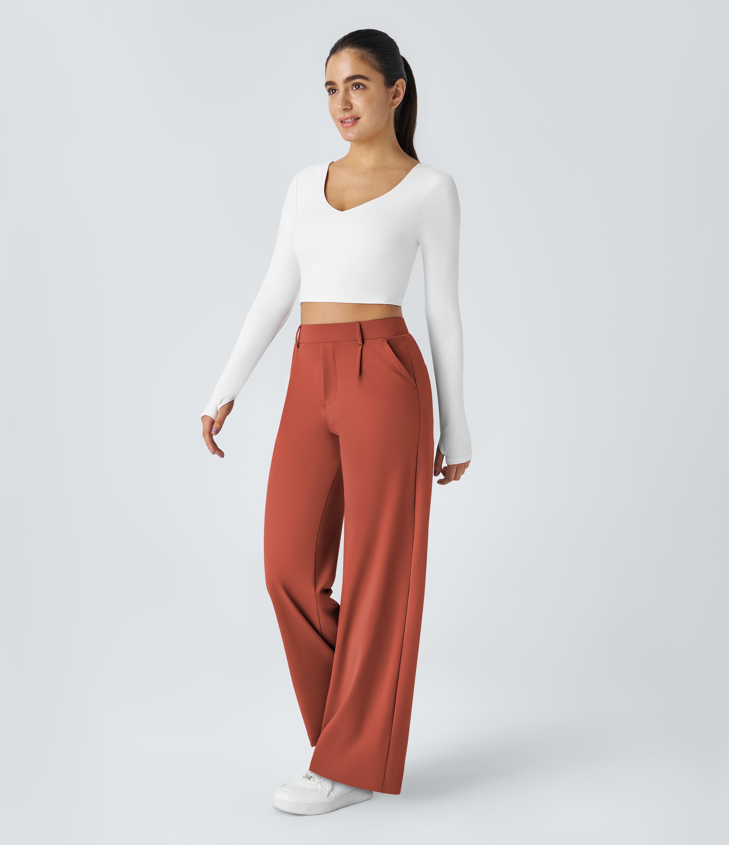 Factory Outlet - High Waisted Side Pocket Straight Leg Work Suit Pants