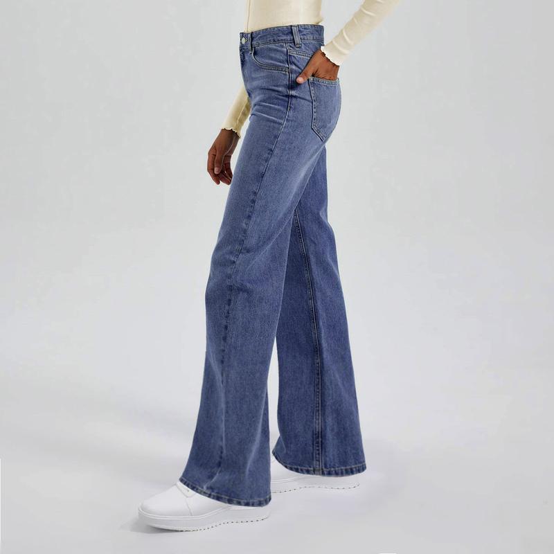 Women's High-Waist Stretch Wide-Leg Jeans – Trendy Multi-Pocket Denim Pants